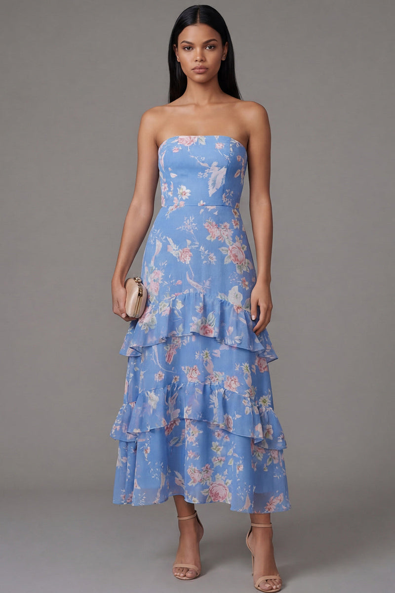 Laden Sie das Bild in den Galerie-Viewer, Chiffonblaues Scheidenloses, gestuftes, mit Blumenmuster langes Hochzeitskleider