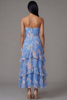 Laden Sie das Bild in den Galerie-Viewer, Chiffonblaues Scheidenloses, gestuftes, mit Blumenmuster langes Hochzeitskleider