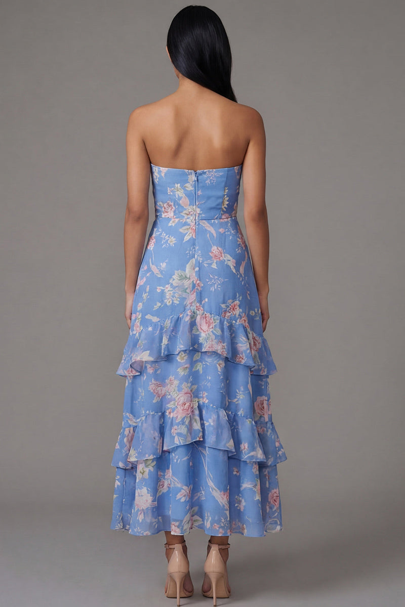 Laden Sie das Bild in den Galerie-Viewer, Chiffonblaues Scheidenloses, gestuftes, mit Blumenmuster langes Hochzeitskleider