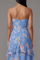 Laden Sie das Bild in den Galerie-Viewer, Chiffonblaues Scheidenloses, gestuftes, mit Blumenmuster langes Hochzeitskleider