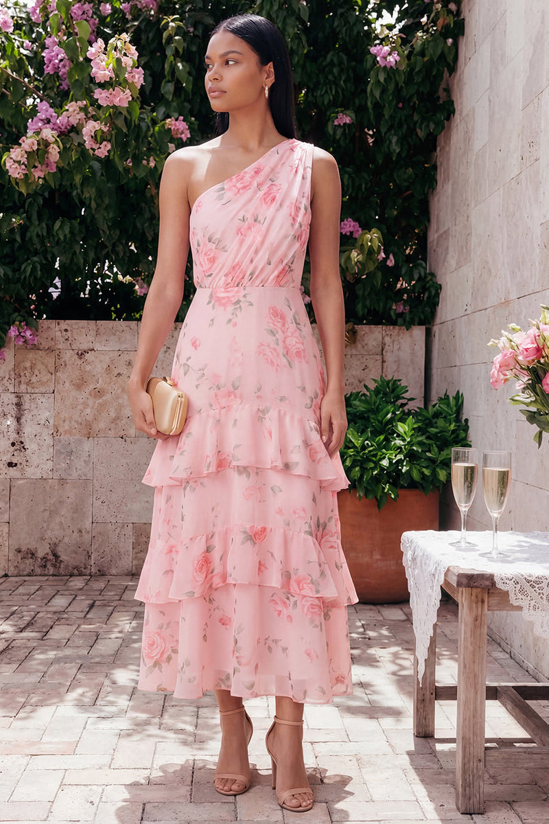 Laden Sie das Bild in den Galerie-Viewer, Ein Schulter-Chiffon-Pink, gerafftes, gestuftes, mit Blumenmuster bedrucktes langes Hochzeitskleid