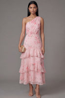 Laden Sie das Bild in den Galerie-Viewer, Ein Schulter-Chiffon-Pink, gerafftes, gestuftes, mit Blumenmuster bedrucktes langes Hochzeitskleid