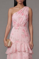 Laden Sie das Bild in den Galerie-Viewer, Ein Schulter-Chiffon-Pink, gerafftes, gestuftes, mit Blumenmuster bedrucktes langes Hochzeitskleid