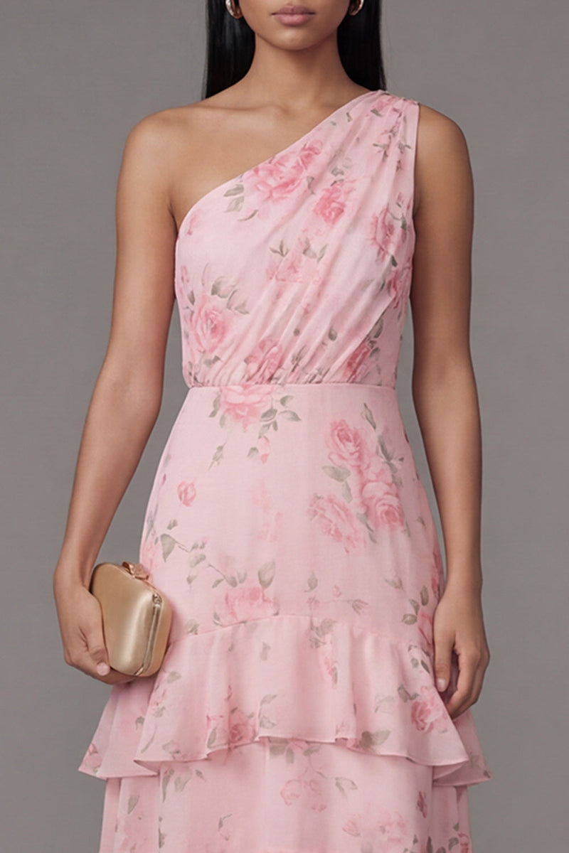 Laden Sie das Bild in den Galerie-Viewer, Ein Schulter-Chiffon-Pink, gerafftes, gestuftes, mit Blumenmuster bedrucktes langes Hochzeitskleid