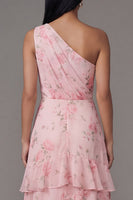 Laden Sie das Bild in den Galerie-Viewer, Ein Schulter-Chiffon-Pink, gerafftes, gestuftes, mit Blumenmuster bedrucktes langes Hochzeitskleid