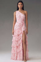Laden Sie das Bild in den Galerie-Viewer, ZAPAKA Damen Einschulter Chiffon Hochzeitsgastkleid Rosa Gerafftes Scheide Gestuftes Langes Festkleid mit Blumenmuster und Schlitz