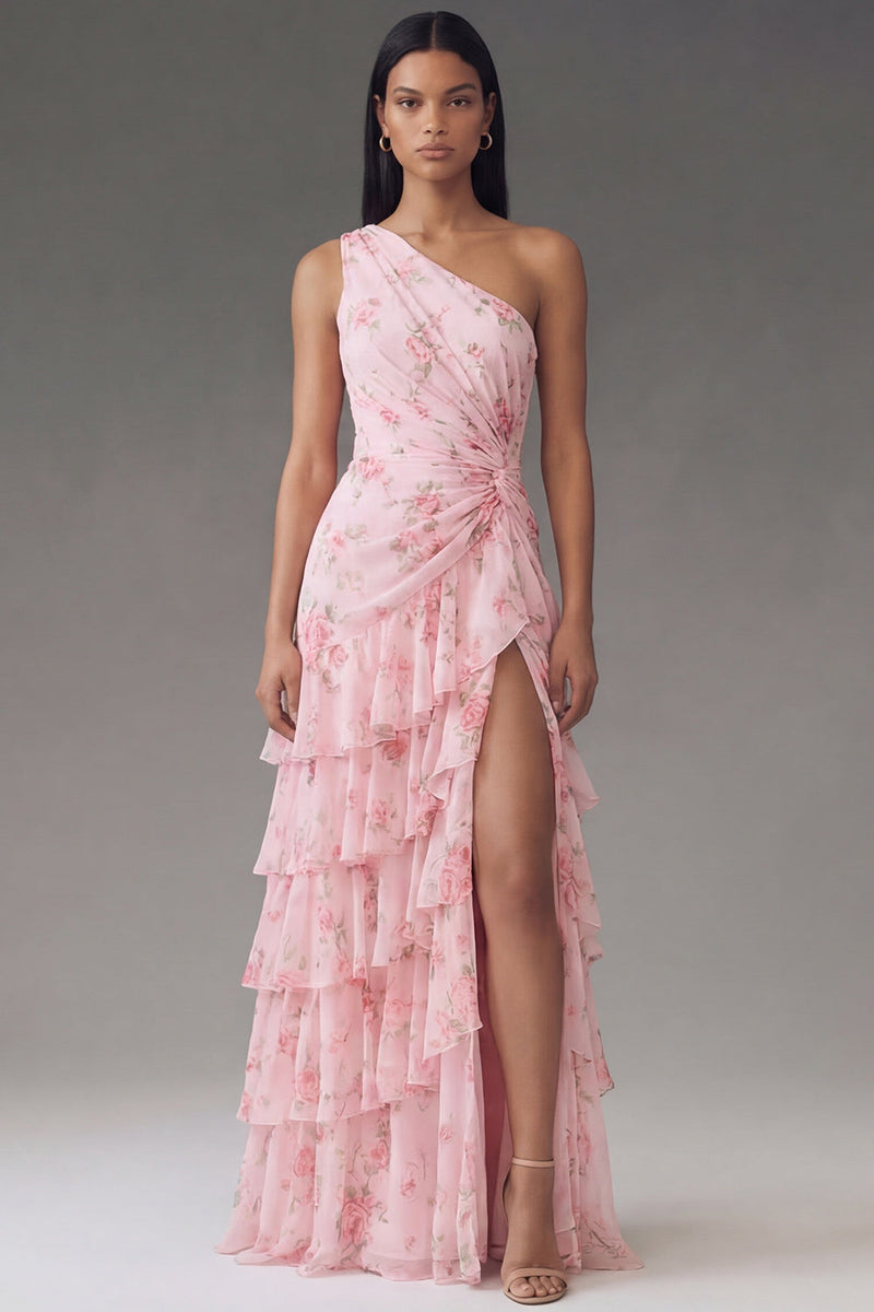 Laden Sie das Bild in den Galerie-Viewer, ZAPAKA Damen Einschulter Chiffon Hochzeitsgastkleid Rosa Gerafftes Scheide Gestuftes Langes Festkleid mit Blumenmuster und Schlitz
