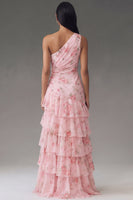 Laden Sie das Bild in den Galerie-Viewer, Chiffon Ein Schulter Rosa Gerafftes Gestuftes Floral Bedrucktes Langes Hochzeitsgastkleid mit Schlitz