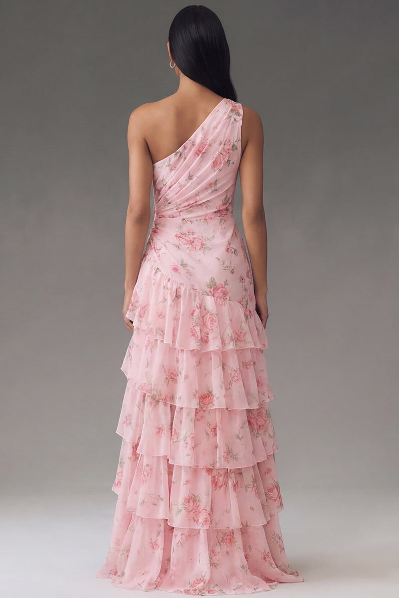 Laden Sie das Bild in den Galerie-Viewer, Chiffon Ein Schulter Rosa Gerafftes Gestuftes Floral Bedrucktes Langes Hochzeitsgastkleid mit Schlitz