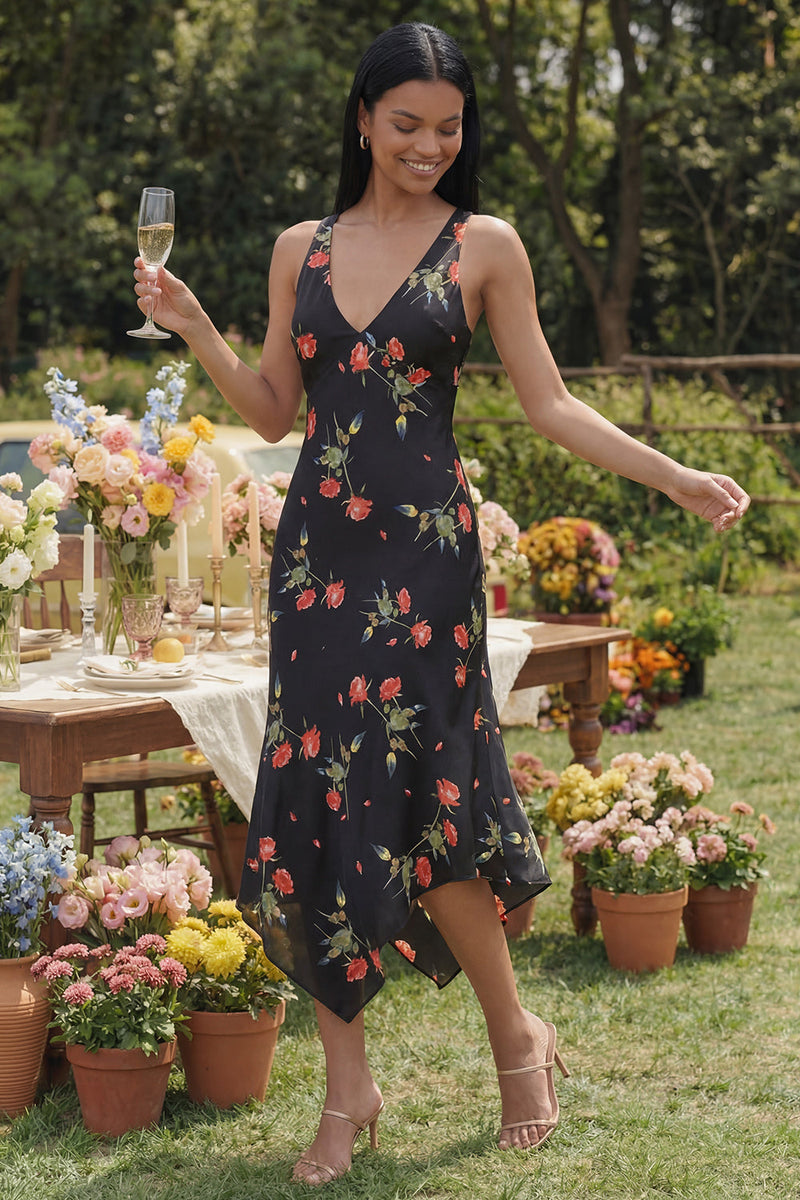 Laden Sie das Bild in den Galerie-Viewer, Schwarzes A-Linien-Chiffon-V-Ausschnitt-Print-Midi-Blumenkleid