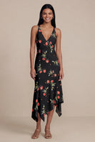 Laden Sie das Bild in den Galerie-Viewer, Schwarzes A-Linien-Chiffon-V-Ausschnitt-Print-Midi-Blumenkleid