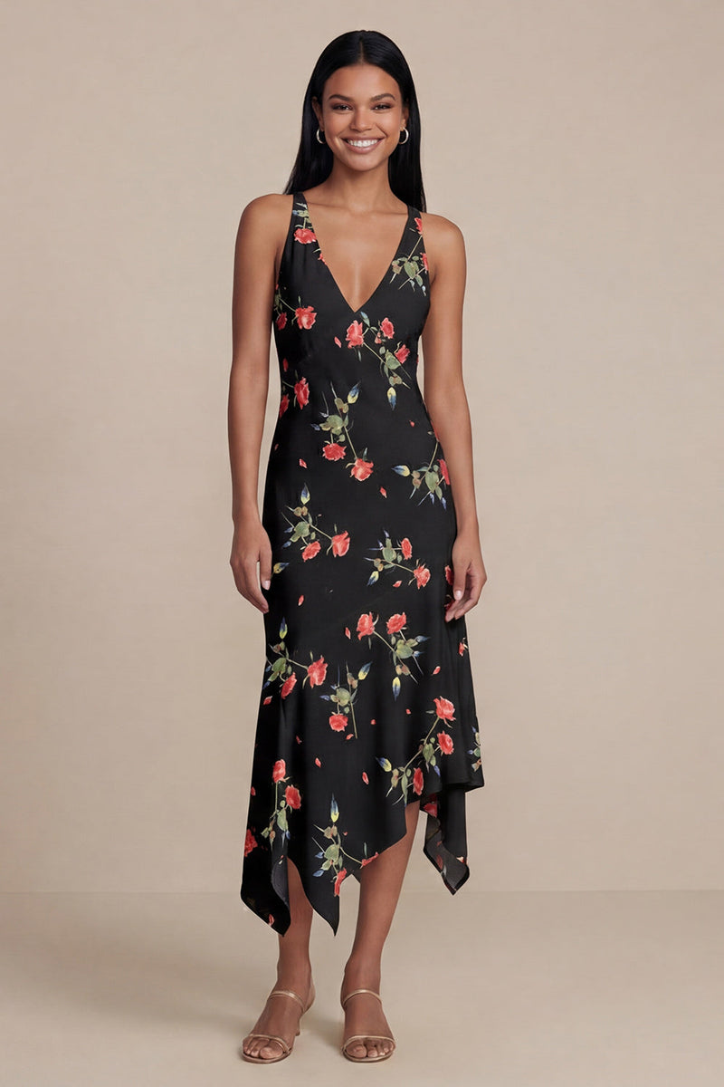 Laden Sie das Bild in den Galerie-Viewer, Schwarzes A-Linien-Chiffon-V-Ausschnitt-Print-Midi-Blumenkleid