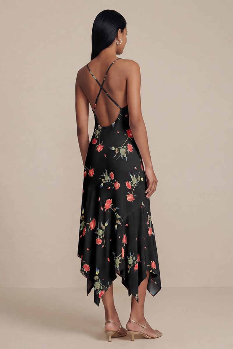 Laden Sie das Bild in den Galerie-Viewer, Schwarzes A-Linien-Chiffon-V-Ausschnitt-Print-Midi-Blumenkleid