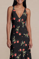 Laden Sie das Bild in den Galerie-Viewer, Schwarzes A-Linien-Chiffon-V-Ausschnitt-Print-Midi-Blumenkleid