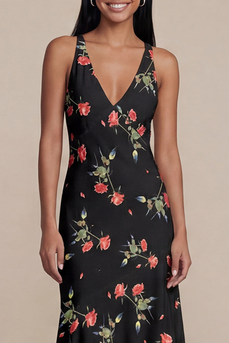 Laden Sie das Bild in den Galerie-Viewer, Schwarzes A-Linien-Chiffon-V-Ausschnitt-Print-Midi-Blumenkleid