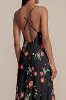 Laden Sie das Bild in den Galerie-Viewer, Schwarzes A-Linien-Chiffon-V-Ausschnitt-Print-Midi-Blumenkleid