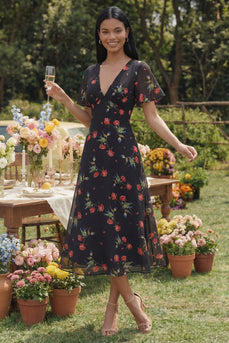 Chiffon A-Linie schwarzes, rotes V-Hals-Midi-Hochzeitskleid mit kurzen Ärmeln