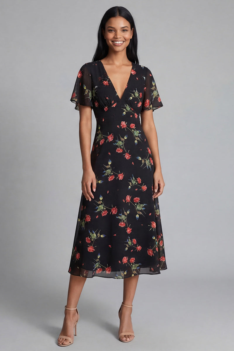 Laden Sie das Bild in den Galerie-Viewer, Chiffon A-Linie schwarzes, rotes V-Hals-Midi-Hochzeitskleid mit kurzen Ärmeln