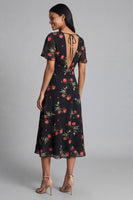 Laden Sie das Bild in den Galerie-Viewer, Chiffon A-Linie schwarzes, rotes V-Hals-Midi-Hochzeitskleid mit kurzen Ärmeln