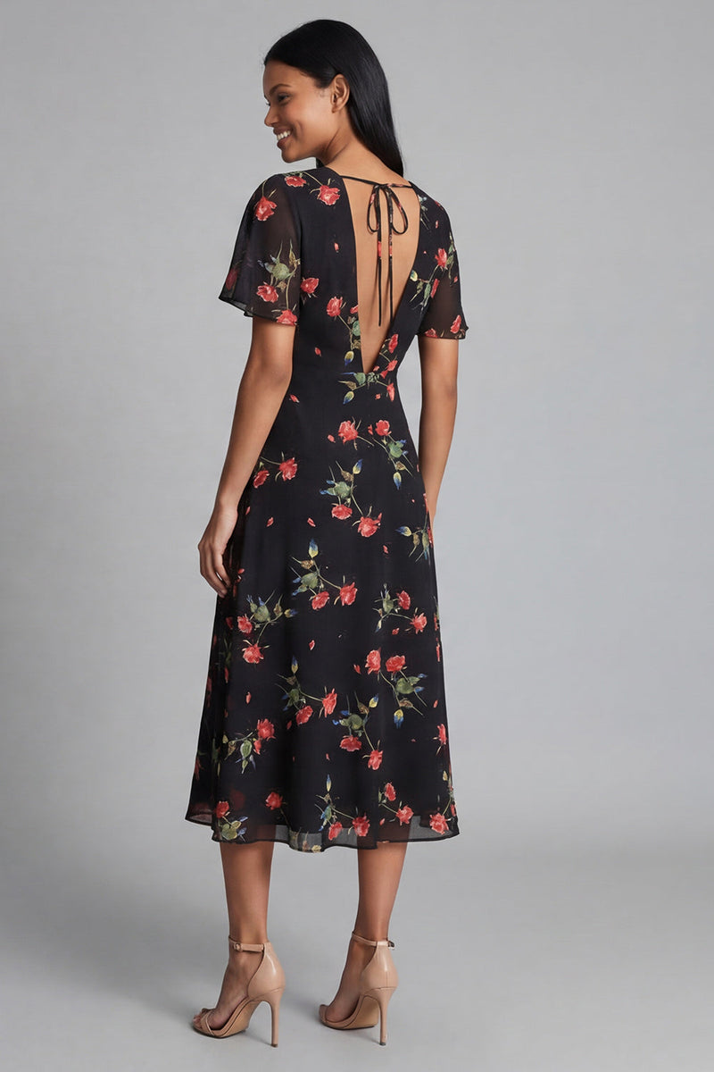 Laden Sie das Bild in den Galerie-Viewer, Chiffon A-Linie schwarzes, rotes V-Hals-Midi-Hochzeitskleid mit kurzen Ärmeln