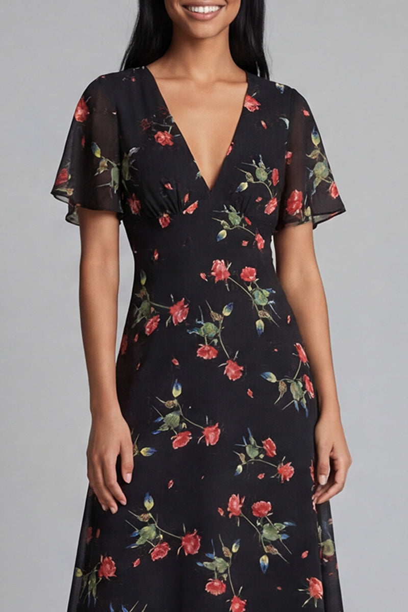 Laden Sie das Bild in den Galerie-Viewer, Chiffon A-Linie schwarzes, rotes V-Hals-Midi-Hochzeitskleid mit kurzen Ärmeln