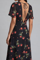 Laden Sie das Bild in den Galerie-Viewer, Chiffon A-Linie schwarzes, rotes V-Hals-Midi-Hochzeitskleid mit kurzen Ärmeln