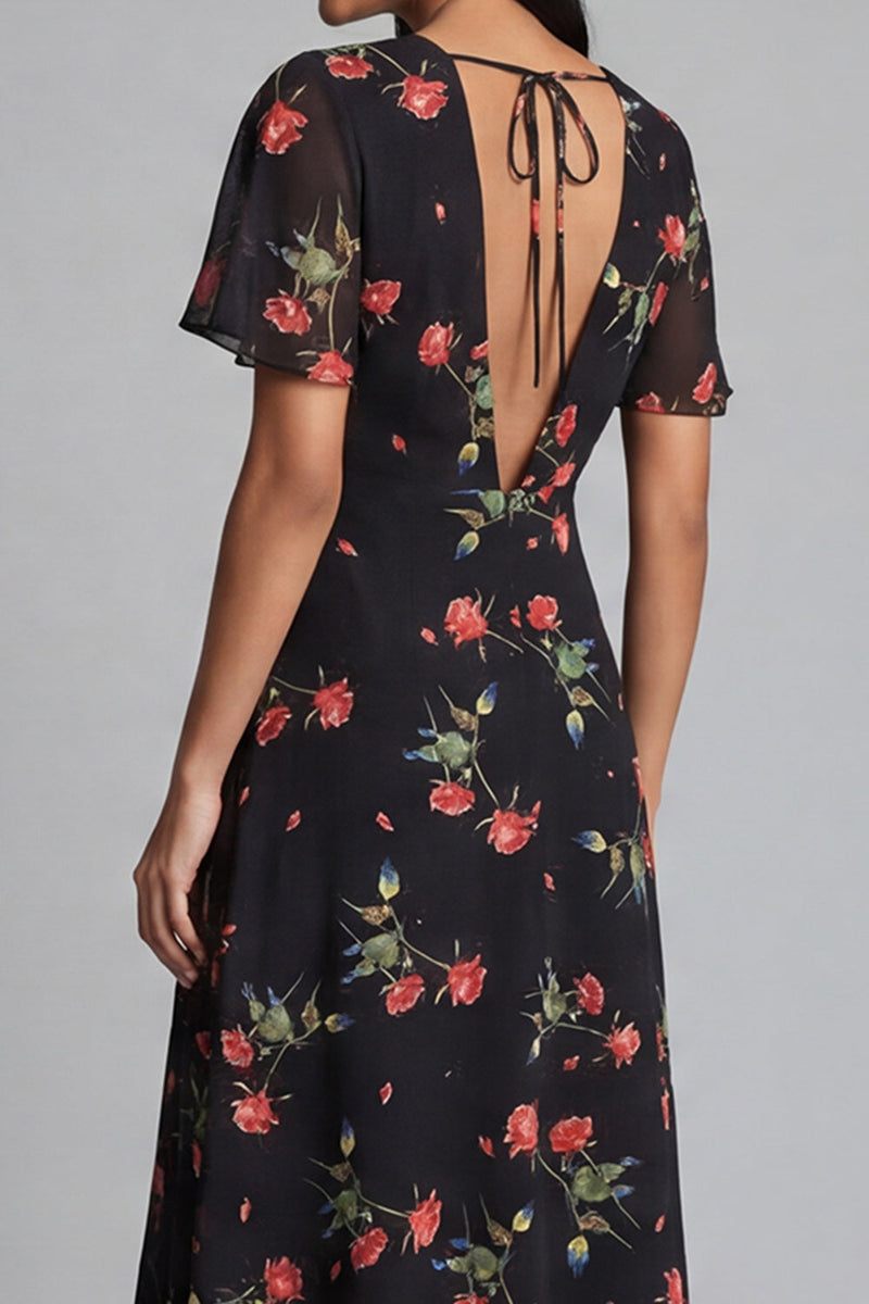 Laden Sie das Bild in den Galerie-Viewer, Chiffon A-Linie schwarzes, rotes V-Hals-Midi-Hochzeitskleid mit kurzen Ärmeln