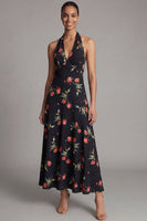 Laden Sie das Bild in den Galerie-Viewer, Chiffon Scheide Schwarzes Rotes Blumenmuster Langes Hochzeitsgastkleid mit Neckholder
