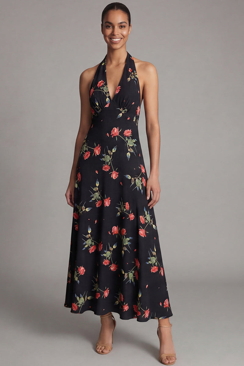 Laden Sie das Bild in den Galerie-Viewer, Chiffon Scheide Schwarzes Rotes Blumenmuster Langes Hochzeitsgastkleid mit Neckholder