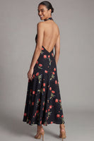 Laden Sie das Bild in den Galerie-Viewer, Chiffon Scheide Schwarzes Rotes Blumenmuster Langes Hochzeitsgastkleid mit Neckholder