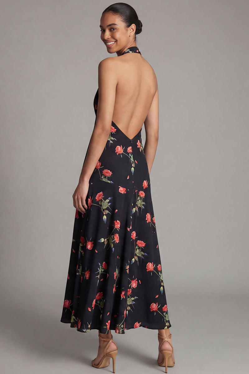 Laden Sie das Bild in den Galerie-Viewer, Chiffon Scheide Schwarzes Rotes Blumenmuster Langes Hochzeitsgastkleid mit Neckholder