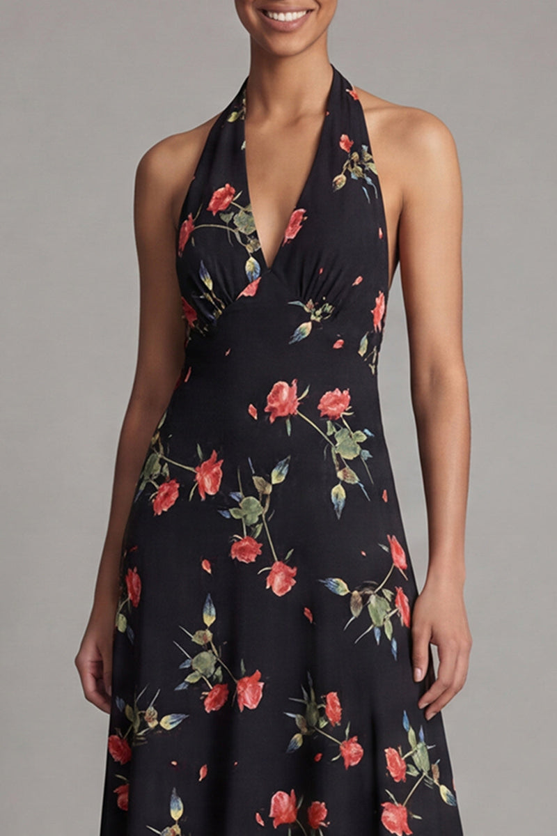 Laden Sie das Bild in den Galerie-Viewer, Chiffon Scheide Schwarzes Rotes Blumenmuster Langes Hochzeitsgastkleid mit Neckholder