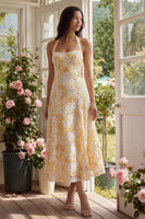 Laden Sie das Bild in den Galerie-Viewer, Lace Yellow Neckholder-Scheibe Midi-Floral mit Schleife