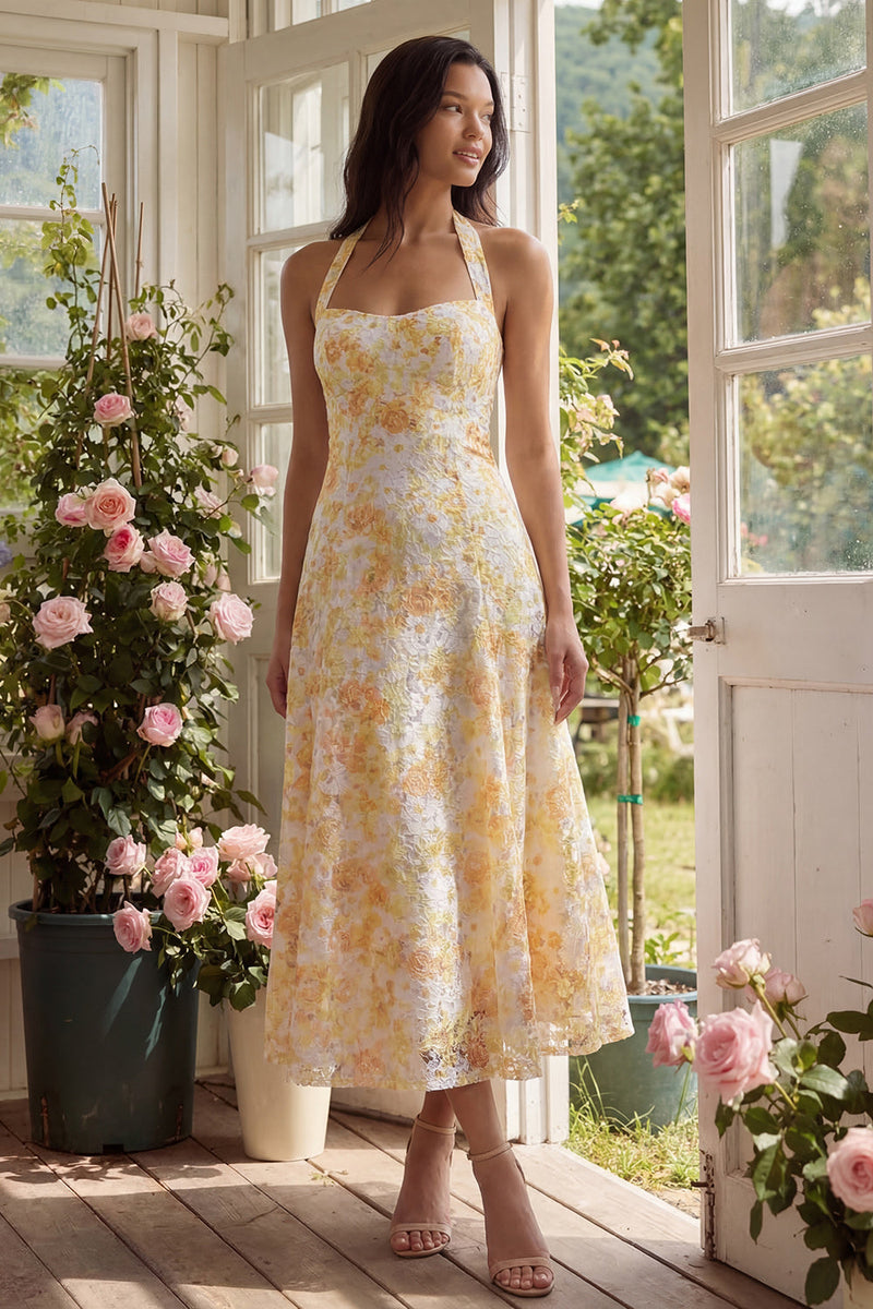 Laden Sie das Bild in den Galerie-Viewer, Lace Yellow Neckholder-Scheibe Midi-Floral mit Schleife