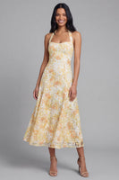 Laden Sie das Bild in den Galerie-Viewer, Lace Yellow Neckholder-Scheibe Midi-Floral mit Schleife