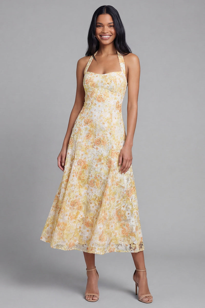 Laden Sie das Bild in den Galerie-Viewer, Lace Yellow Neckholder-Scheibe Midi-Floral mit Schleife