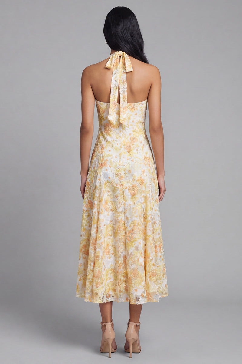 Laden Sie das Bild in den Galerie-Viewer, Lace Yellow Neckholder-Scheibe Midi-Floral mit Schleife