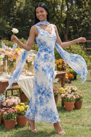 Laden Sie das Bild in den Galerie-Viewer, Weiß-blaues V-Ausschnitt-Scheiden-Langchiffon-Kleid mit Halsschal