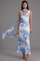 Laden Sie das Bild in den Galerie-Viewer, Weiß-blaues V-Ausschnitt-Scheiden-Langchiffon-Kleid mit Halsschal