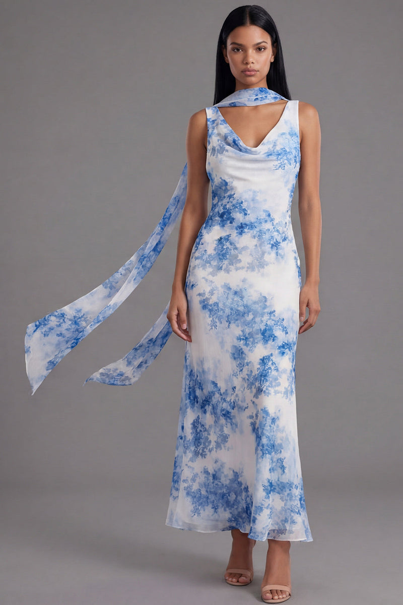Laden Sie das Bild in den Galerie-Viewer, Weiß-blaues V-Ausschnitt-Scheiden-Langchiffon-Kleid mit Halsschal