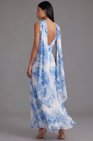 Laden Sie das Bild in den Galerie-Viewer, Weiß-blaues V-Ausschnitt-Scheiden-Langchiffon-Kleid mit Halsschal