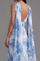 Laden Sie das Bild in den Galerie-Viewer, Weiß-blaues V-Ausschnitt-Scheiden-Langchiffon-Kleid mit Halsschal