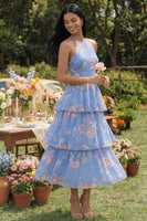 Laden Sie das Bild in den Galerie-Viewer, Chiffonblaues pinkes Blumenneckholder-Halshalter-Kleidungsstück in A-Linie mit Schleife