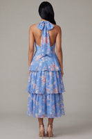 Laden Sie das Bild in den Galerie-Viewer, Chiffonblaues pinkes Blumenneckholder-Halshalter-Kleidungsstück in A-Linie mit Schleife