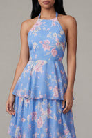 Laden Sie das Bild in den Galerie-Viewer, Chiffonblaues pinkes Blumenneckholder-Halshalter-Kleidungsstück in A-Linie mit Schleife