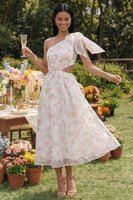 Laden Sie das Bild in den Galerie-Viewer, Ein Schulter Weißes Rosa Chiffon Hochzeitsgast Kleid in A-Linie mit Schleife