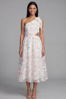 Laden Sie das Bild in den Galerie-Viewer, Ein Schulter Weißes Rosa Chiffon Hochzeitsgast Kleid in A-Linie mit Schleife