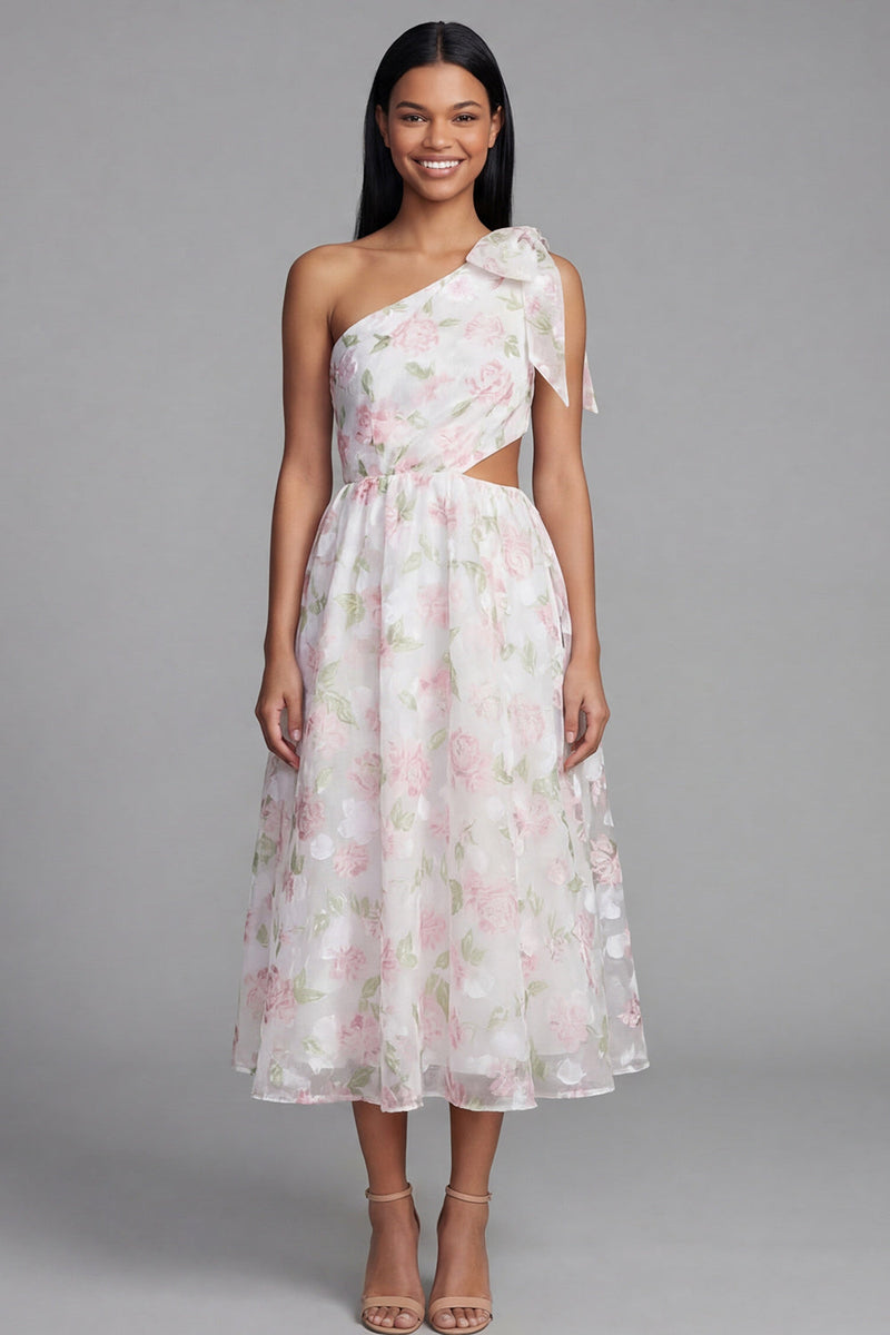 Laden Sie das Bild in den Galerie-Viewer, Ein Schulter Weißes Rosa Chiffon Hochzeitsgast Kleid in A-Linie mit Schleife