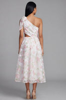 Laden Sie das Bild in den Galerie-Viewer, Ein Schulter Weißes Rosa Chiffon Hochzeitsgast Kleid in A-Linie mit Schleife