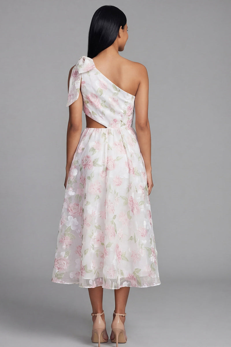 Laden Sie das Bild in den Galerie-Viewer, Ein Schulter Weißes Rosa Chiffon Hochzeitsgast Kleid in A-Linie mit Schleife